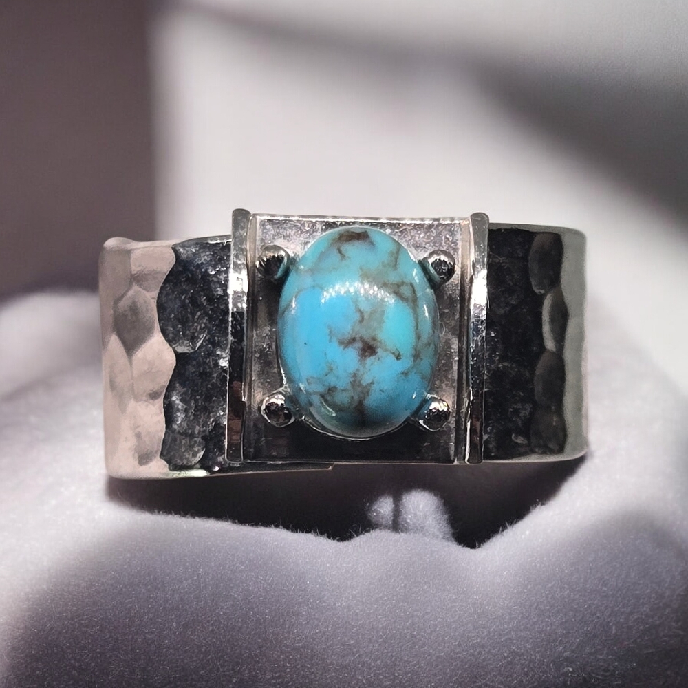 Sarah Coventry Hammered Silver Ring with Turquoise Like Stone Adjustable Size